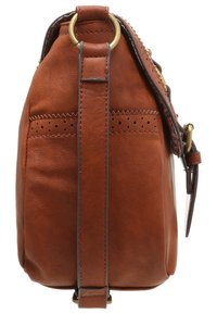 Borsa a tracolla in pelle marrone con una forma arrotondata, caratterizzata da una cinghia laterale, dettagli perforati e un accento in ottone. Texture liscia.