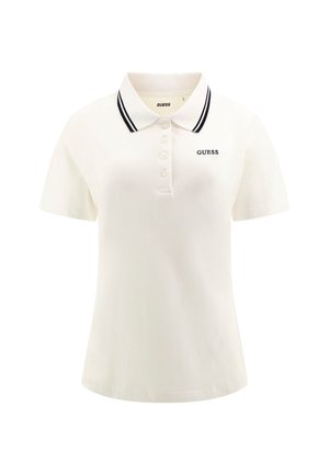 Vit polo skjorta i mjukt tyg, med svart och vit randig krage, femknapps placket och broderad "GUESS"-logotyp.