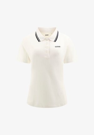 Biele polo tričko vyrobené z mäkkého materiálu, s čierno-bielym prúžkovaným golierom, päťgombíkovou légou a vyšitým logom "GUESS".