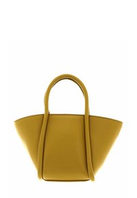 Sac à main en cuir jaune moutarde avec deux poignées et une forme trapézoïdale large, doté de coutures discrètes et d'un petit logo de la marque.