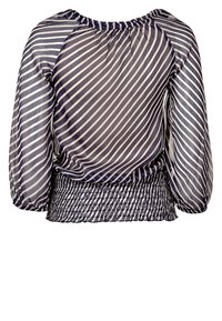 Blusa trasparente a righe blu navy e bianche con maniche lunghe a sbuffo e vita arricciata. Materiale leggero con un design fluido.