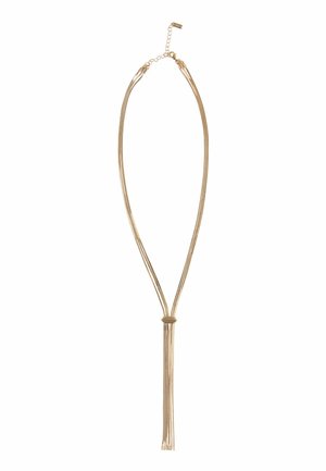 Halskette in goldfarbener Ausführung mit mehreren Strängen, die ein Knotendetail und hängende Quasten aufweist. Elegante, glatte Textur mit minimalistischem Design.