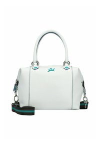 Sac à main en cuir blanc avec des poignées arrondies, une bandoulière détachable rayée bleu et noir, des accessoires en argent et un logo embossé à l'avant.