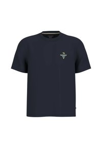 T-shirt blu navy a maniche corte realizzato in cotone, con una piccola grafica verde che rappresenta una palma e un logo triangolare sul petto.