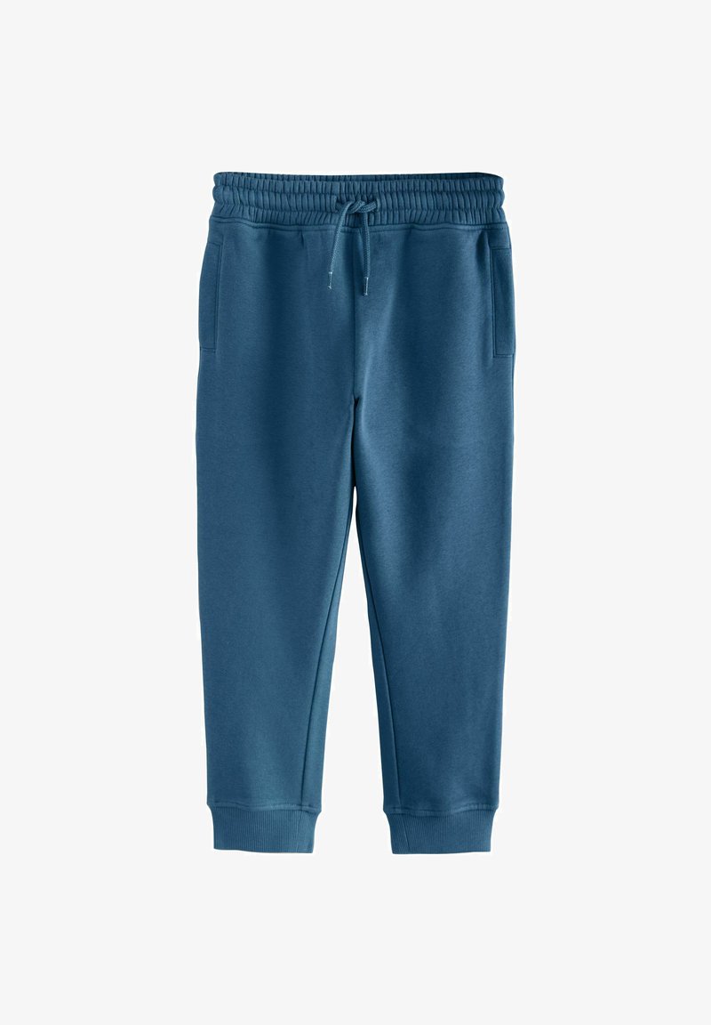 Blaue Sweatpants aus weichem Stoff, ausgestattet mit einem elastischen Bund mit Kordelzug, seitlichen Taschen und gerippten Bündchen an den Knöcheln.