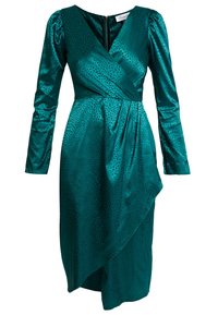 Türkise Wickelkleid mit langen Ärmeln, tiefem V-Ausschnitt und strukturiertem Muster. Verfügt über einen dezenten Glanz und einen asymmetrischen, rüschierten Saum.