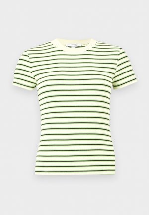 Haut en maille côtelée à manches courtes avec rayures horizontales noires et vert clair sur fond crème, col rond.