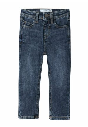 Jean en denim bleu foncé pour enfants avec poches avant, passants de ceinture, bouton et fermeture éclair, présenté à plat sur fond blanc.