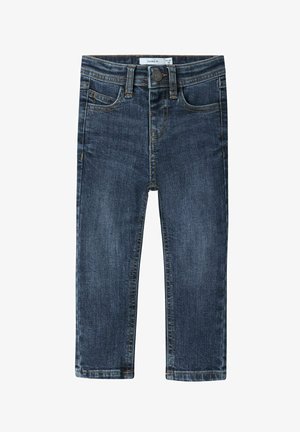 Jean en denim bleu foncé pour enfants avec poches avant, passants de ceinture, bouton et fermeture éclair, présenté à plat sur fond blanc.