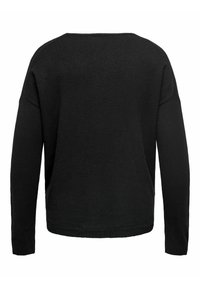 Black sweater with a relaxed fit, dropped shoulders, and ribbed hem. Made of soft knit material, features long sleeves and a round neckline.