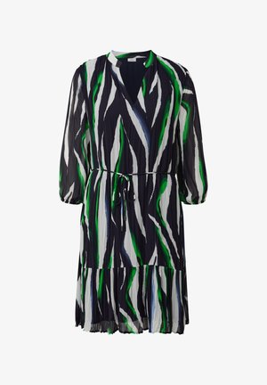 Prinditud kleit V-kaelusega, pikkade varrukatega ja nööriga vööl. Omab rohelisi, musti ja valgeid triibusid. Kergest, voolavast kangast koos tieritud servaga.