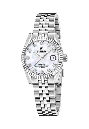 Festina armbåndsur i rustfrit stål med perlemors urskive, diamant-timemarkører, rillede bezel, datovindue og ledet armbånd.