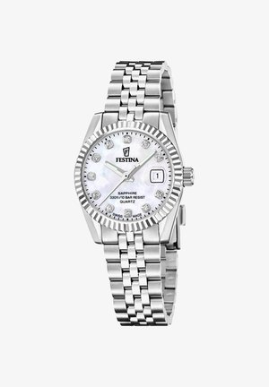 Festina armbåndsur i rustfrit stål med perlemors urskive, diamant-timemarkører, rillede bezel, datovindue og ledet armbånd.