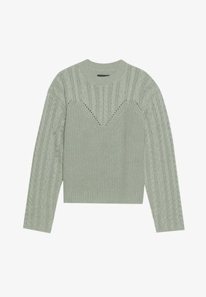 Ανοιχτό πράσινο πλεκτό πουλόβερ με σχέδιο καμπύλων, μακριά μανίκια και στρογγυλή λαιμόκοψη με λεπτομέρεια σε V μπροστά.