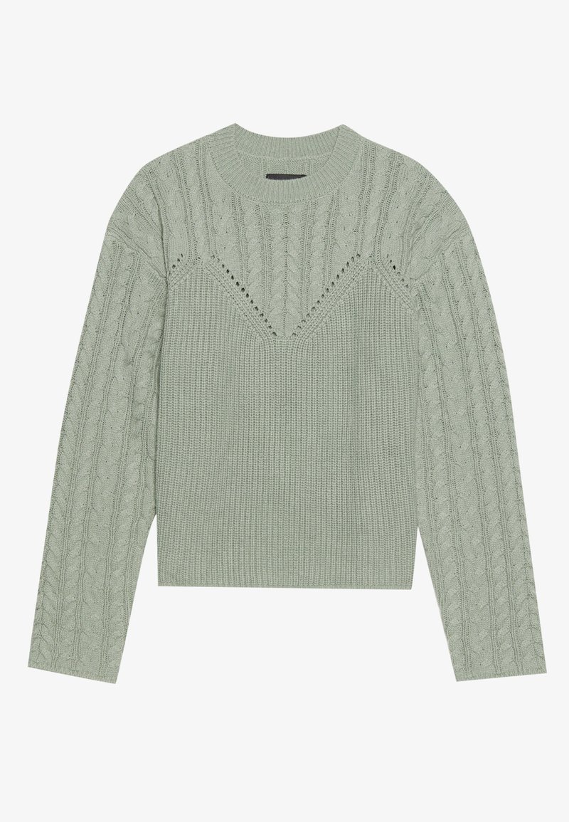 Maglione a maglia verde chiaro con motivo a treccia, maniche lunghe e scollo rotondo con un dettaglio a V sul davanti.