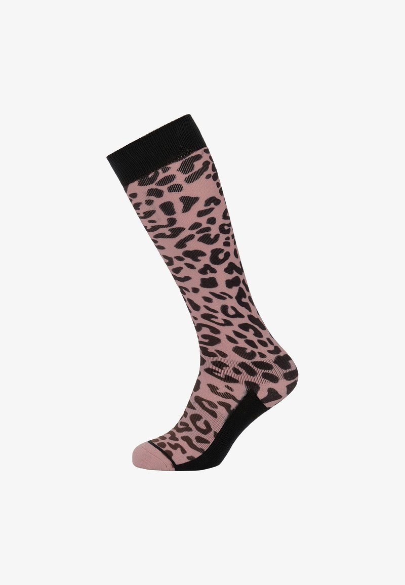 Ponožky po kolená s ružovým základom, s čiernym leopardím vzorom a čiernym rebrovaným leme na vrchu. Čierne akcenty na prstoch a päte.