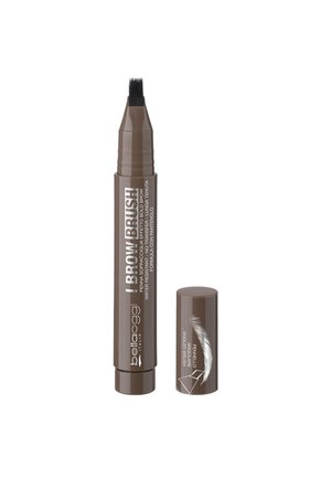 Pennarello con pennello per sopracciglia marrone a punta inclinata senza tappo, etichettato "L BROW BRUSH" con disegno di piuma sul tappo.