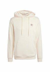 Cream-colored hoodie made of soft fabric, featuring a front kangaroo pocket, drawstring hood, and small branded logo on the chest.