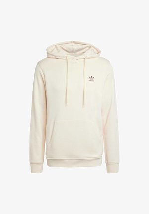 Cream-colored hoodie made of soft fabric, featuring a front kangaroo pocket, drawstring hood, and small branded logo on the chest.