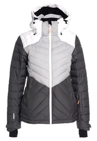 Vadderad jacka med en chevrondesign i grått och svart, utrustad med en vit huva, dragkedja och justerbara dragsnören.
