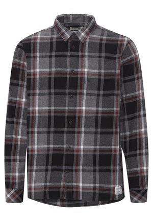 Juostuota marškiniai juodos, pilkos ir raudonos spalvų, su ilgomis rankovėmis, sagų uždarymu priekyje ir apykakle. Pagaminta iš minkštos, tekstūruotos medžiagos.