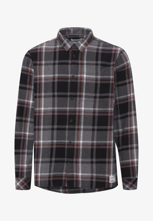 Geruite shirt in zwart, grijs en rood met lange mouwen, knoopsluiting aan de voorkant en kraag. Gemaakt van een zachte, gestructureerde stof.