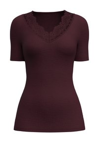 Bordeaux kort mouw top met een V-hals en kantafwerking. Geribbeld textuur doorheen, aansluitend ontwerp en een soepele zoom.