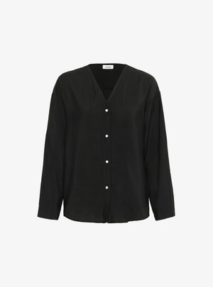 Mustmustaga must-särgi V-kaelusega, pika varrukaga ja pehme tekstuuriga. Ees on valged nöödid kinnitamiseks.