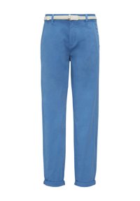 Lichtblauwe, katoenen broek met een relaxed fit, voorzien van een witte geweven riem, omgeslagen hemden en standaardzakken.