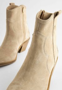 Gli stivali alla caviglia in suede beige presentano una chiusura con zip, cuciture decorative e un tacco impilato. Texture liscia con un design western classico.