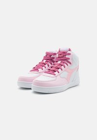 High-top sneakers featuring a white and light pink leather upper, textured pink accents, and pink laces, with a padded collar and perforations.
