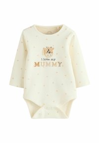 Bodysuit za dojenčke z dolgimi rokavi v kremni barvi, z vezenim žirafo in napisom "Obožujem svojo MAMI," s pestrimi zvezdnimi vzorci v breskevni barvi ter z zapiranjem na pritiskače.