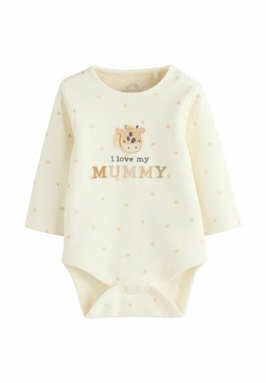 Bodysuit za dojenčke z dolgimi rokavi v kremni barvi, z vezenim žirafo in napisom "Obožujem svojo MAMI," s pestrimi zvezdnimi vzorci v breskevni barvi ter z zapiranjem na pritiskače.