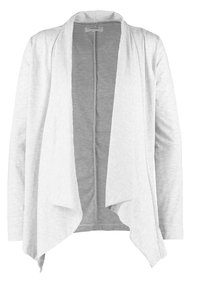 Cardigan gris clair ouvert sur le devant, manches longues et col cascade drapé, en tissu doux et texturé.