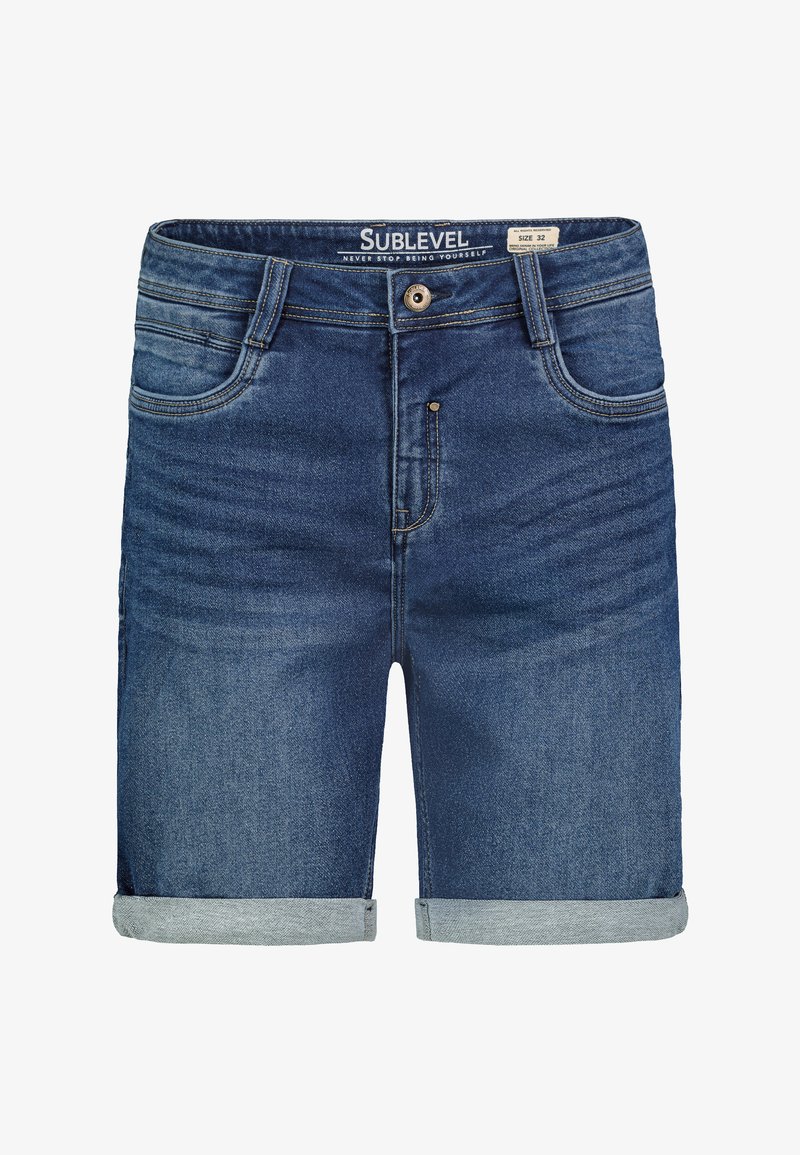 Denim shorts with a dark blue wash, featuring a roll-up hem, five pockets, and subtle fading, branded "SUBLEVEL" on the waistband.