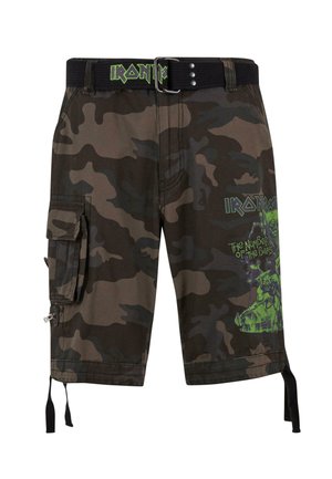 Camo cargo shorts in dark green and brown, featuring a green graphic print, side pockets, and a black belt with green lettering at the waistband.