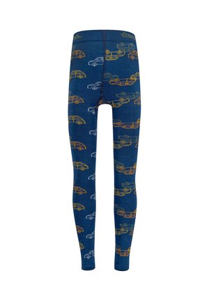 Blue children's leggings with an all-over pattern of small orange, yellow, and white cars facing different directions.
