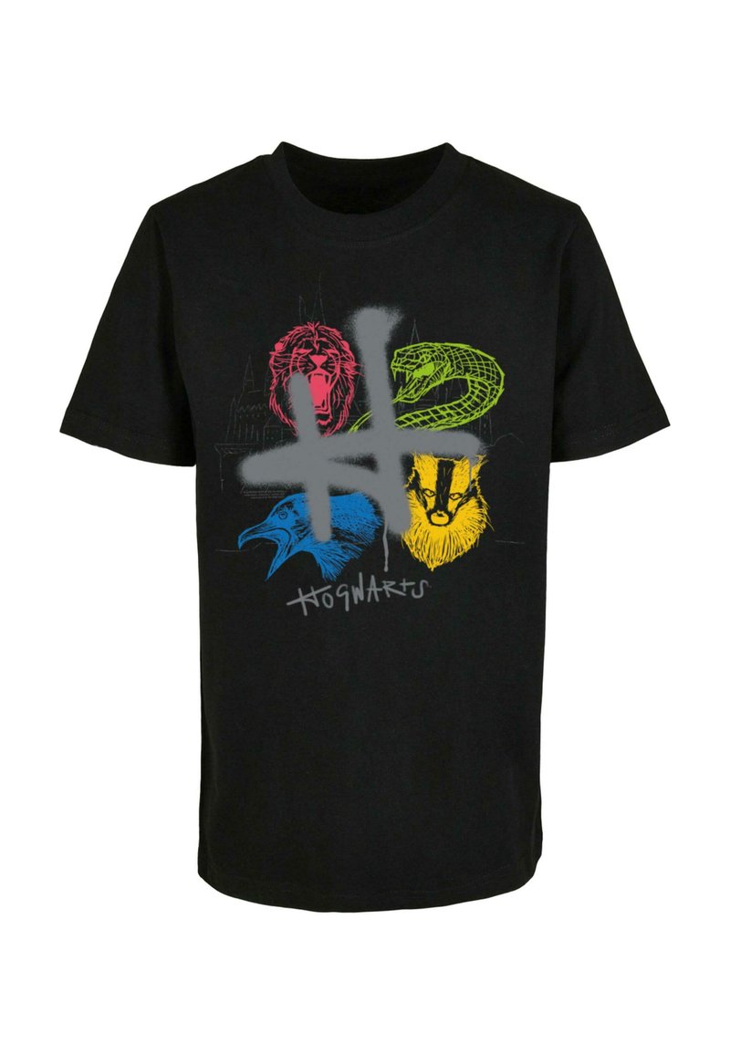 Schwarzes Baumwoll-T-Shirt mit bunten Grafiken von vier Haustieren: Löwe, Schlange, Dachs und Adler, mit dem Text "Hogwarts" darunter.