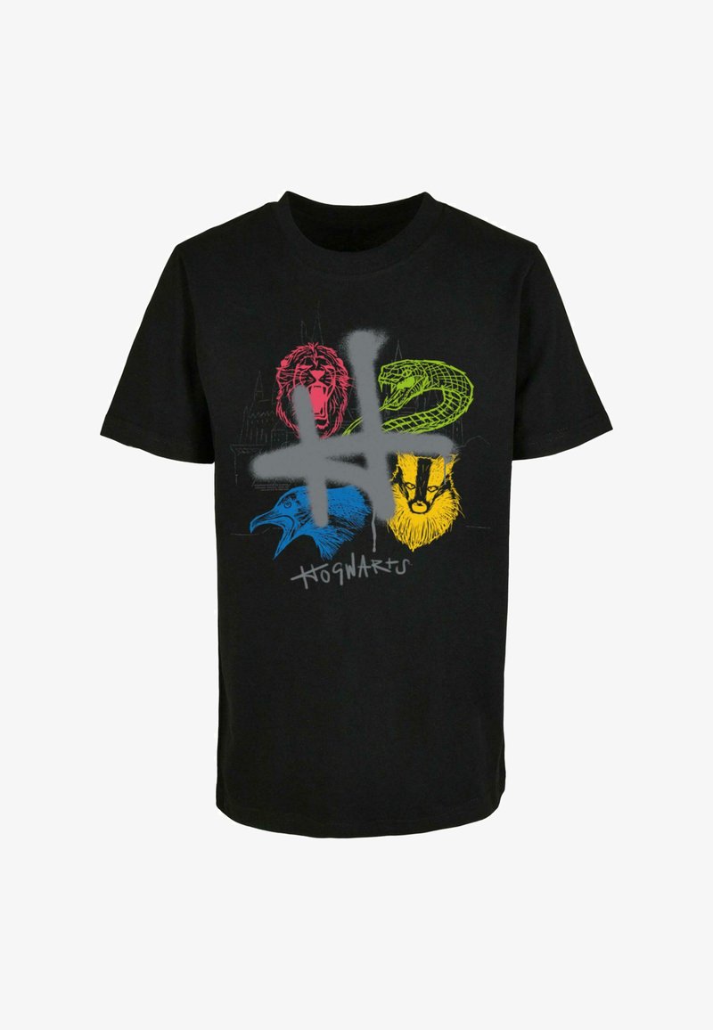 Black cotton t-shirt featuring colorful graphic designs of four house animals: lion, snake, badger, and eagle, with "Hogwarts" text below.
