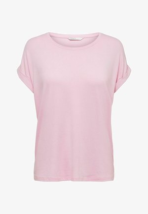 Roze T-shirt met korte mouwen, gemaakt van zachte stof, met een ronde hals en opgerolde manchetten. Het heeft een relaxte pasvorm en een gladde textuur.