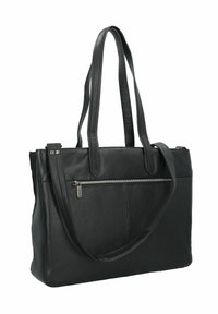 Bolso tote de cuero negro con dos asas largas, cierre superior con cremallera y un bolsillo con cremallera en la parte frontal. Superficie texturizada con detalles de costura mínimos.