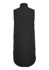 Long gilet noir matelassé sans manches avec col montant, motif de piqûres en losanges et ourlet arrondi, vu de dos sur fond blanc.