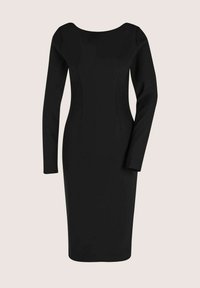 Schwarzes, langärmeliges, knielanges, tailliertes Kleid mit Rundhalsausschnitt und Nähten, die die Taille betonen, vor einem schlichten Hintergrund präsentiert.