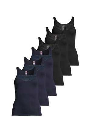 Sześć damskich bezrękawników w kolorach czarnym i granatowym, ułożonych w dwóch przesuniętych rzędach, z koronkowymi zdobieniami na wysokości klatki piersiowej.