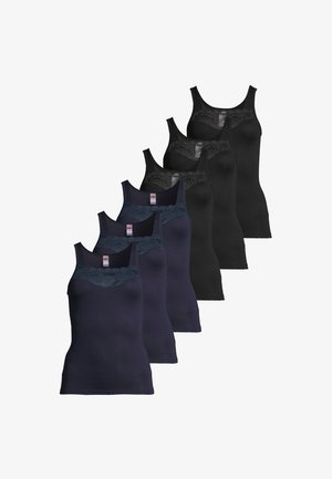 Six camisoles sans manches pour femmes en noir et bleu marine, disposés en deux rangées décalées, avec des détails en dentelle sur la poitrine.