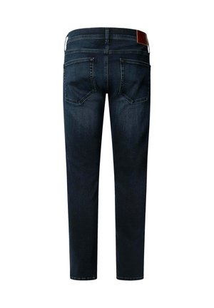 Donkerblauwe denim jeans met een rechte snit, met twee achterzakken en een bruine leren label op de tailleband.