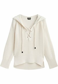 Lace-up capuchon pullover in zachte ivoorkleurige ribbeltricot, met een brede halslijn, lange mouwen en een verlaagde zoom voor een relaxte pasvorm.