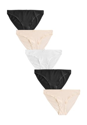 Cinq slips de bikini pour femmes en noir, beige et blanc, disposés en couleurs alternées sur un fond blanc.