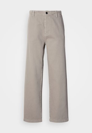 Beige wide-leg pants made of soft cotton, featuring a button closure and belt loops. Smooth texture with a clean, minimal design.