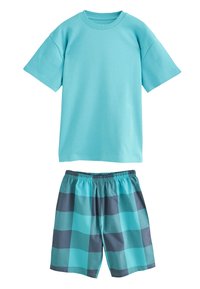 Turquoise cotton T-shirt with short sleeves paired with striped shorts featuring alternating light and dark turquoise squares.